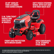 Photo of Craftsman riding mower CM13APA9ZSA93, front angle, red body, brush guard, stamped steel deck.
