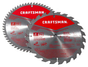 Photo of Craftsman CMAS210CMB 10-inch saw blades, silver with red labels, set of 2, on white background.