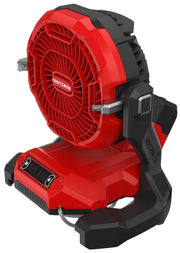 Front angled view of Craftsman cordless jobsite fan CMCE003B in red and black with sturdy base.