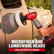 Photo of CRAFTSMAN CMCPSMFB cordless polisher with microfiber head in use on a truck door, close-up angle.