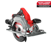 Photo of Craftsman cordless circular saw CMCS551B with red and silver design, brushless motor, angled on white background.