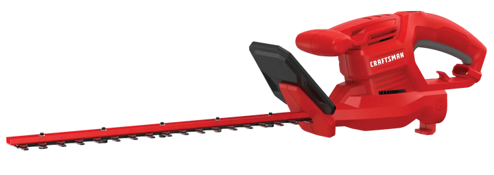 Photo of Craftsman CMEHT150 hedge trimmer, red and black, side angle on white background.