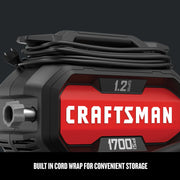 Photo of Craftsman CMEPW1700 pressure washer close-up, showing built-in cord wrap and 1.2 GPM, 1700 PSI labels.
