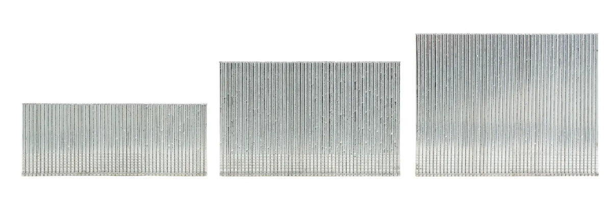 Photo of three sizes of Craftsman finish nails, silvery, model CMFN16PP, on white background.