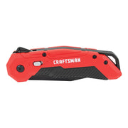 Craftsman folding utility knife CMHT10934, red and black, side angle, white background.