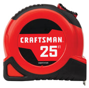 Photo of Craftsman 25 ft tape measure, SKU CMHT37225S, red and black casing, front view on white background.