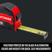 Photo of Craftsman 25 ft tape measure CMHT37443S with yellow blade showing printed fractions in alternating colors, side angle.
