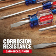 Craftsman screwdriver set CMHT65045 with satin-nickel finish, clear blue handles, on wood surface.