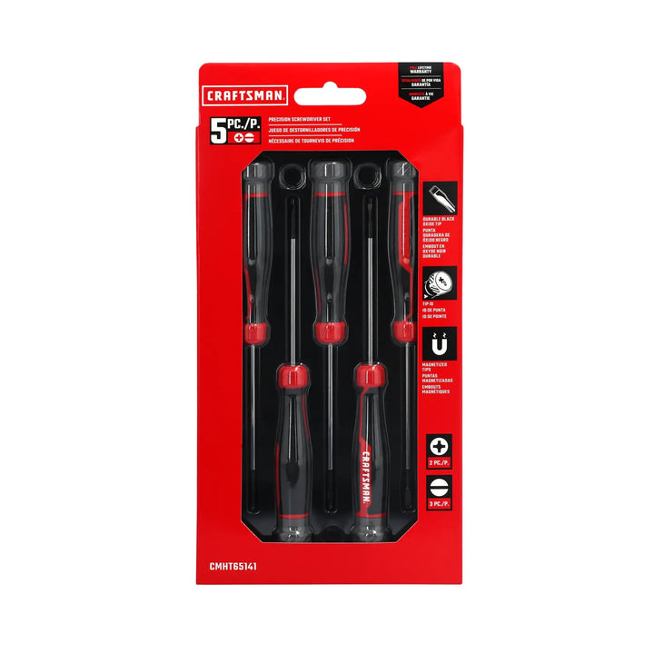 Front view photo of Craftsman screwdriver set CMHT65141, five black and red screwdrivers on white background.
