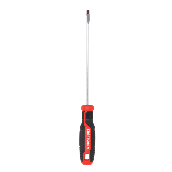 Photo of Craftsman flathead screwdriver CMHT65162 with red and black handle, front angle on white background.