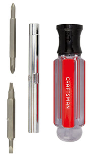 Photo of Craftsman multi-bit screwdriver CMHT66052 with red handle and three interchangeable bits, top view.