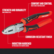 Craftsman CMHT81648 linesman pliers with red and black bi-material grips, angled left on white background.