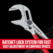 Photo of Craftsman adjustable pliers with red handle, CMHT82250, close-up view on black background.