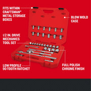 Photo of Craftsman mechanics tool set CMMT12122 with blow mold red case, 1/2 in. drive sockets and 72-tooth ratchet.