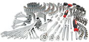 CRAFTSMAN CMMT12139 mechanics tool set with wrenches, sockets, screwdrivers, photographed from above.