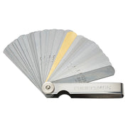Photo of CRAFTSMAN feeler gauge set CMMT14105, fanned open, metal blades with one gold-colored blade, white background.