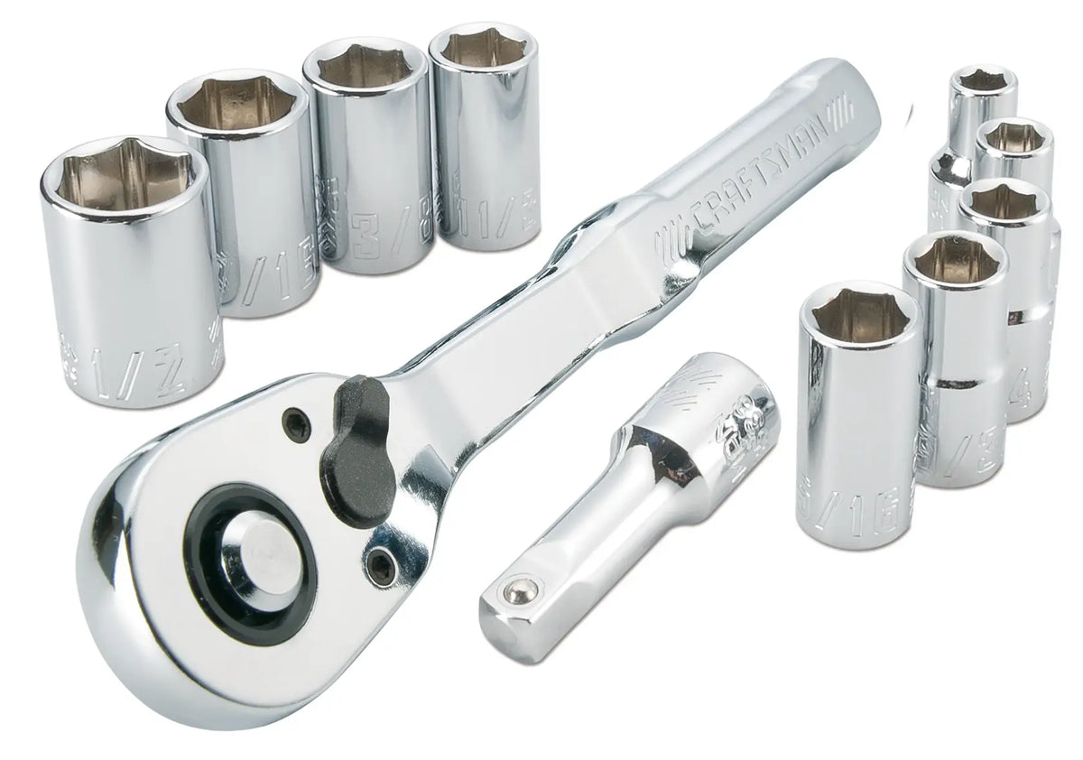 CRAFTSMAN CMMT34870 socket wrench set with chrome sockets, ratchet and extension, top angle on white background.