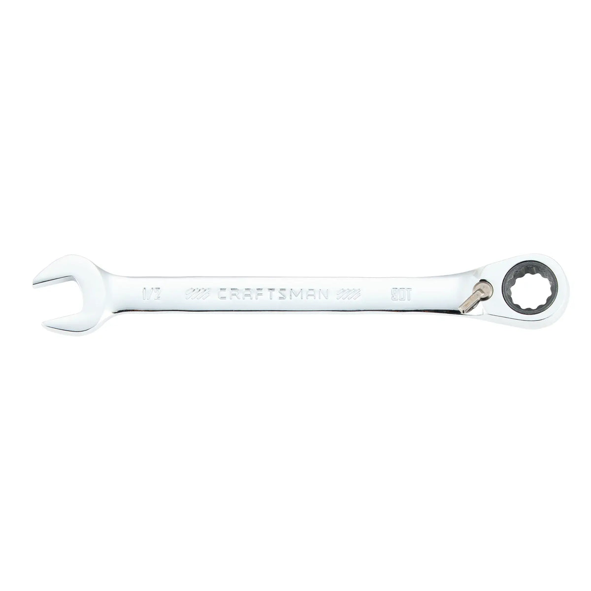 Photo of Craftsman CMMT42415 ratcheting combination wrench, chrome finish, flat lay on white background.