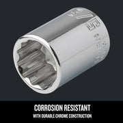 Photo of Craftsman chrome socket, SKU CMMT44335, corrosion-resistant, graphics category, angled view.