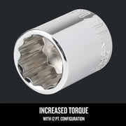 Craftsman chrome socket, 12-point design, close-up angle, SKU CMMT44336, tool accessory.