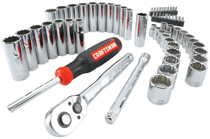 Photo of Craftsman CMMT45061 chrome socket and ratchet set with screwdriver and accessories, white background angle.
