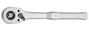 A chrome-finished Craftsman ratchet wrench, showing the top view with the brand name engraved on the handle.