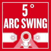 Craftsman graphics showing 5° arc swing feature, red background, SKU CMMT87400V.