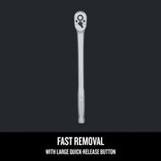 Craftsman silver ratchet with large quick-release button, CMMT99427, graphics category, front angle photo.