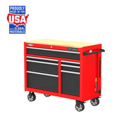Craftsman rolling tool chest with wood top, red and black, six drawers, CMST98271RB, front right angle.
