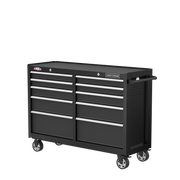 Photo of Craftsman black rolling tool chest with nine drawers, side handle, and visible wheels, SKU CMST98273BK, angled view.