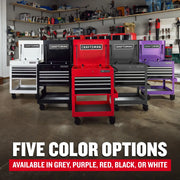 Craftsman tool chest CMST98276GB in five colors: red, black, white, grey, and purple, shown in garage setting.