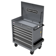 A gray metal tool chest on wheels with multiple drawers and a top compartment, featuring the CRAFTSMAN logo on the front and inside the open lid.